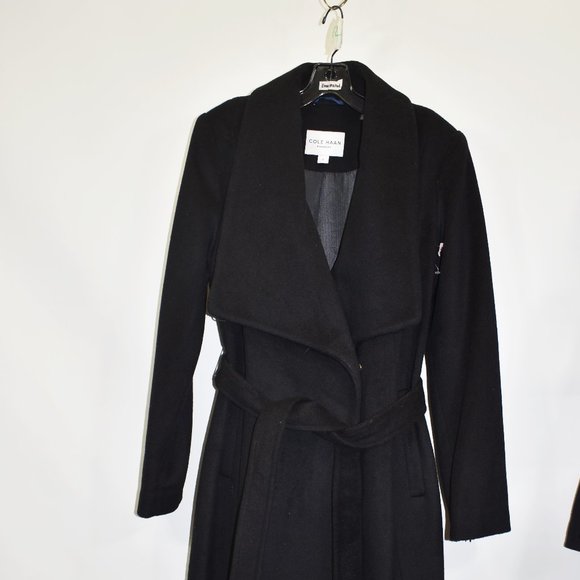 $550 COLE HAAN SIGNATURE Slick Wool Blend Wrap Coat BLACK WARM SIZE 4 - Picture 4 of 10